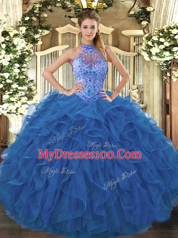 Luxurious Halter Top Sleeveless Organza 15 Quinceanera Dress Beading and Embroidery and Ruffles Lace Up