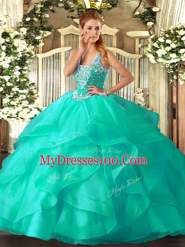 Vintage Floor Length Ball Gowns Sleeveless Turquoise Ball Gown Prom Dress Lace Up