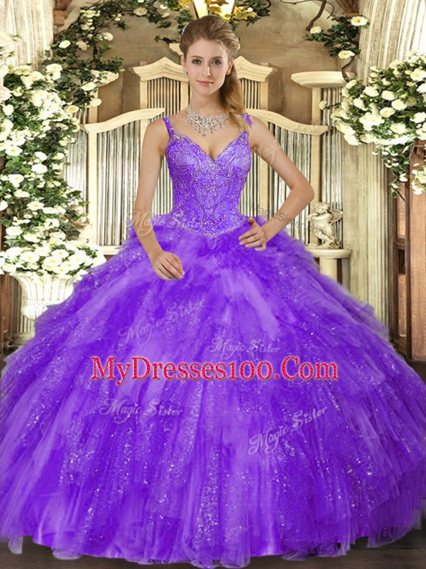 Chic Floor Length Lavender Quince Ball Gowns V-neck Sleeveless Lace Up