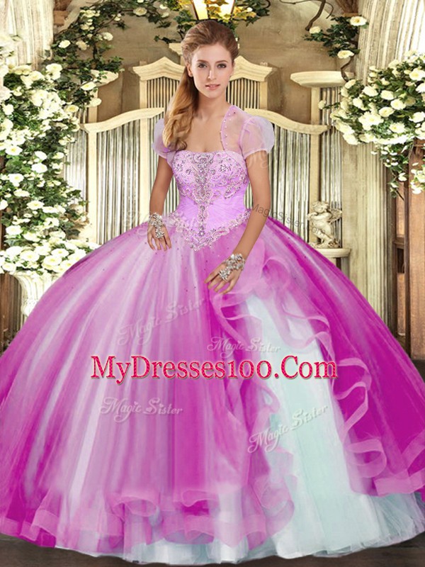 Excellent Appliques and Ruffles Quinceanera Gown Fuchsia Lace Up Sleeveless Floor Length