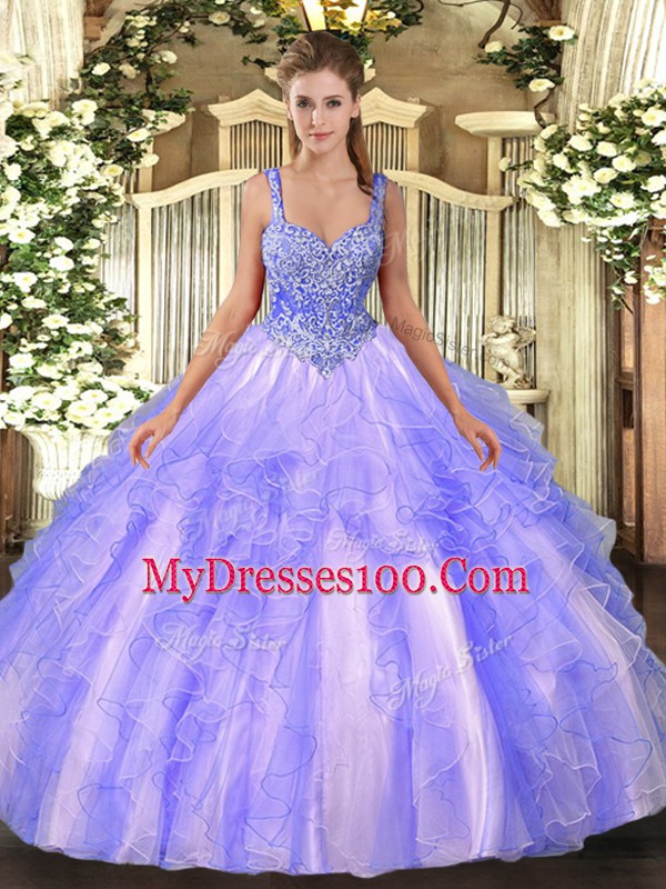 Pretty Lavender Ball Gowns Straps Sleeveless Tulle Floor Length Lace Up Beading and Ruffles 15 Quinceanera Dress