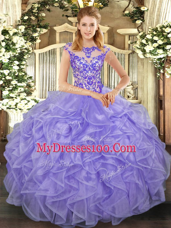 Eye-catching Cap Sleeves Beading and Appliques and Ruffles Lace Up Quinceanera Gowns