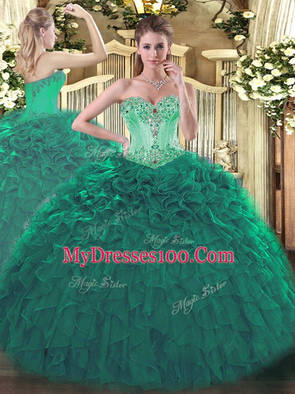 Turquoise Organza Lace Up Sweetheart Sleeveless Floor Length Vestidos de Quinceanera Beading and Ruffles