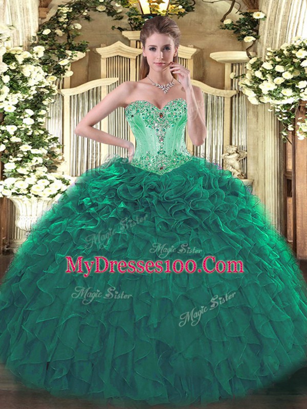 Turquoise Organza Lace Up Sweetheart Sleeveless Floor Length Vestidos de Quinceanera Beading and Ruffles