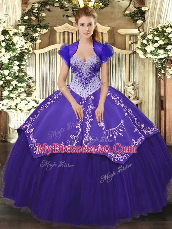 Pretty Floor Length Purple Vestidos de Quinceanera Satin and Tulle Sleeveless Beading and Embroidery