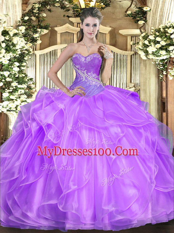 Glittering Lilac Vestidos de Quinceanera Military Ball and Sweet 16 and Quinceanera with Beading and Ruffles Sweetheart Sleeveless Lace Up