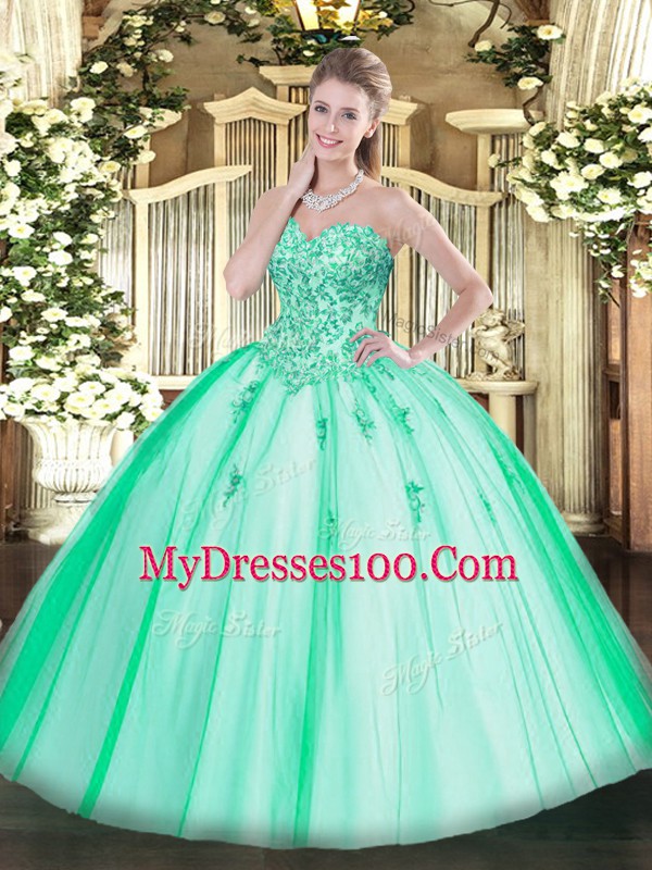 Charming Sleeveless Floor Length Appliques Lace Up Quince Ball Gowns with Turquoise
