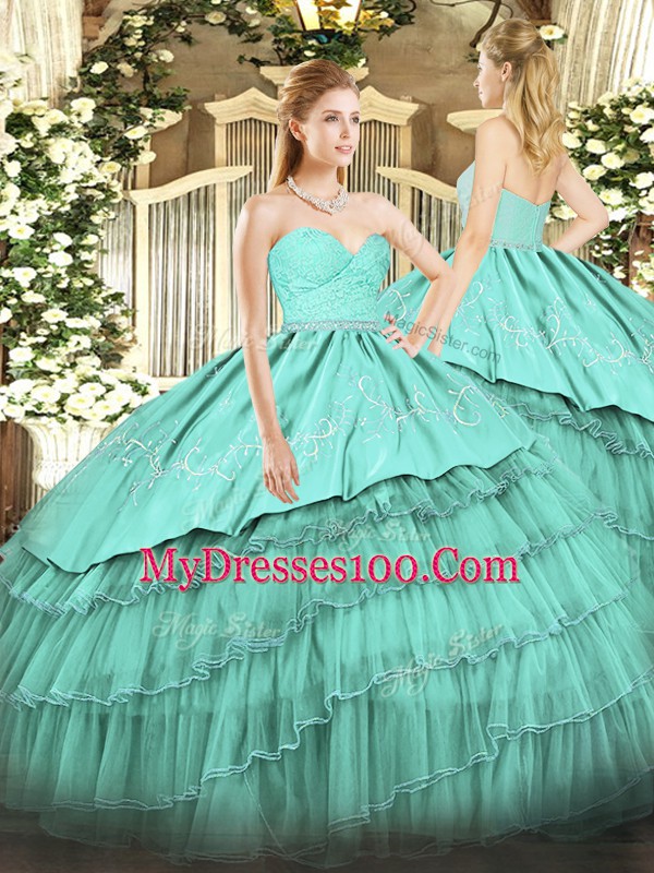 Amazing Floor Length Turquoise Vestidos de Quinceanera Organza and Taffeta Sleeveless Beading and Lace and Embroidery and Ruffled Layers