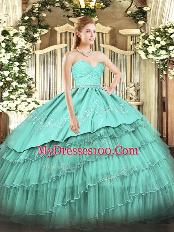 Amazing Floor Length Turquoise Vestidos de Quinceanera Organza and Taffeta Sleeveless Beading and Lace and Embroidery and Ruffled Layers