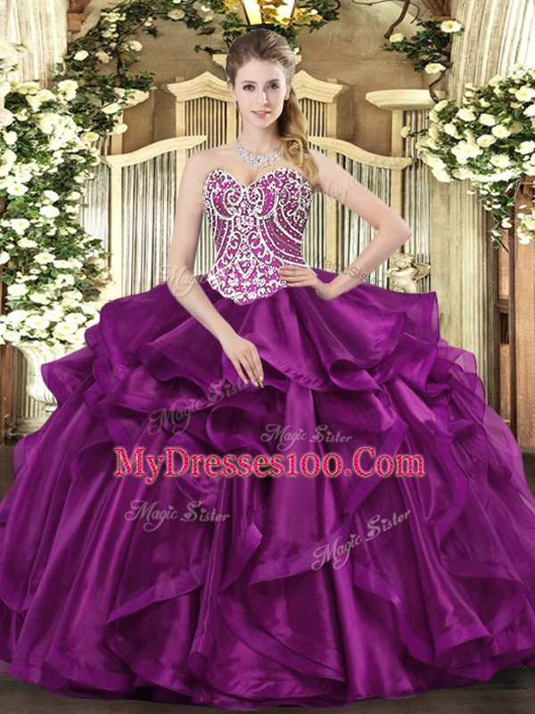 Fuchsia Ball Gowns Organza Sweetheart Sleeveless Beading and Ruffles Floor Length Lace Up Sweet 16 Quinceanera Dress