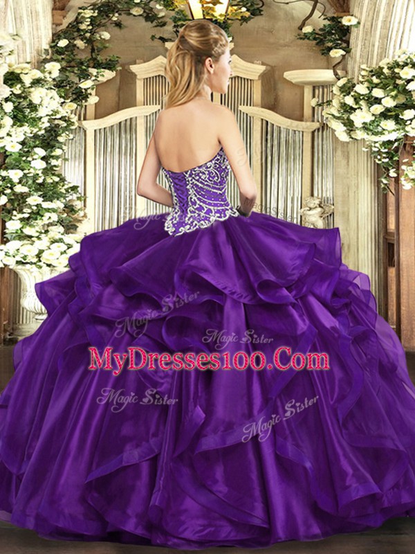 Fuchsia Ball Gowns Organza Sweetheart Sleeveless Beading and Ruffles Floor Length Lace Up Sweet 16 Quinceanera Dress