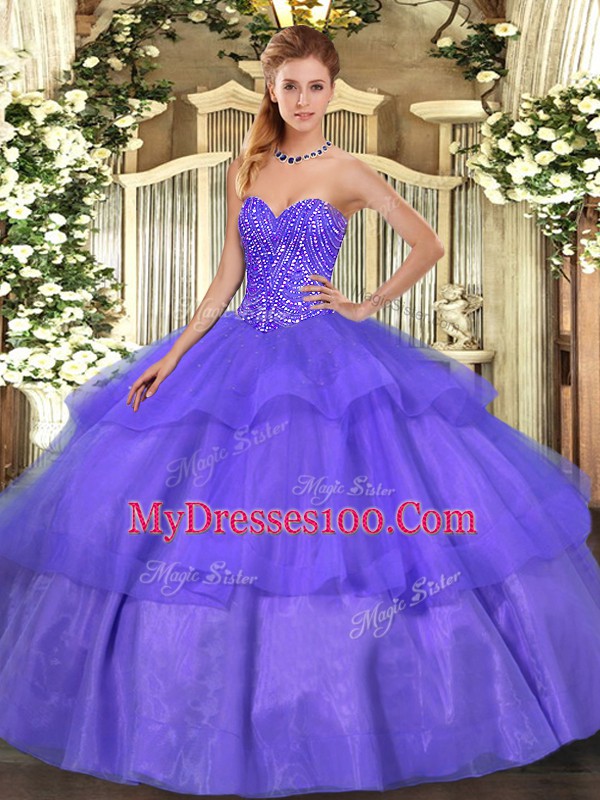 Fashionable Lavender Sleeveless Beading and Ruffled Layers Floor Length Sweet 16 Dresses