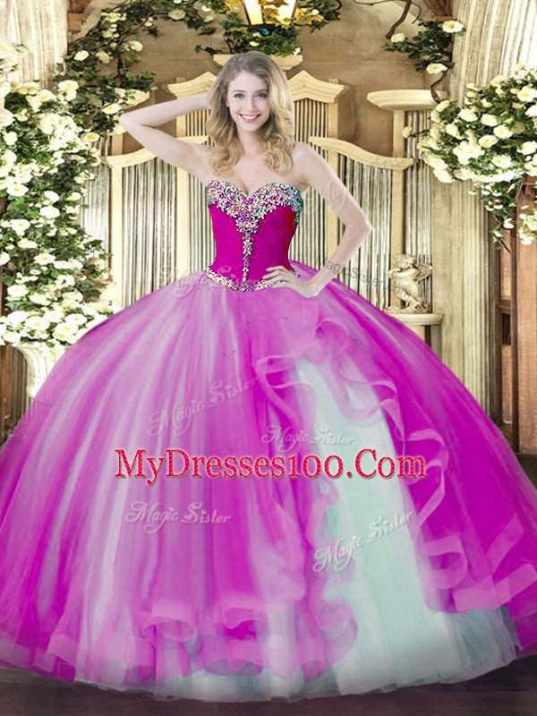 Edgy Floor Length Lace Up Sweet 16 Quinceanera Dress Fuchsia for Military Ball and Sweet 16 and Quinceanera with Beading and Ruffles