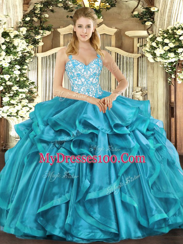 Perfect Floor Length Teal Ball Gown Prom Dress Organza Sleeveless Beading and Appliques and Ruffles