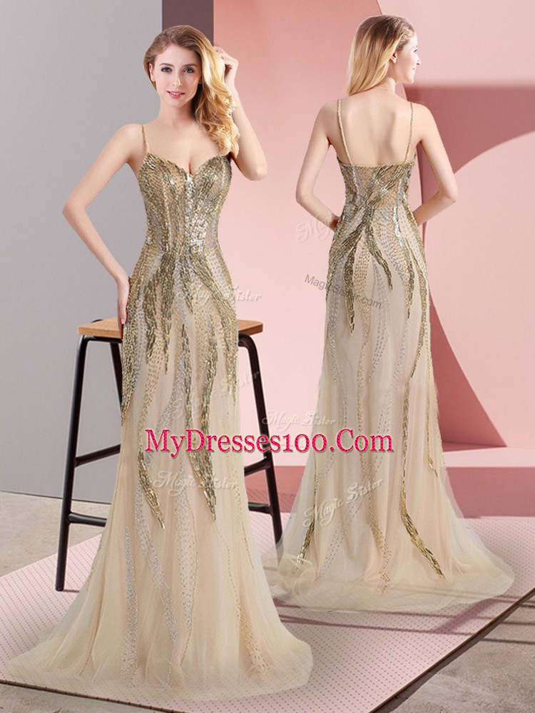 Champagne Sleeveless Beading Side Zipper Evening Dress