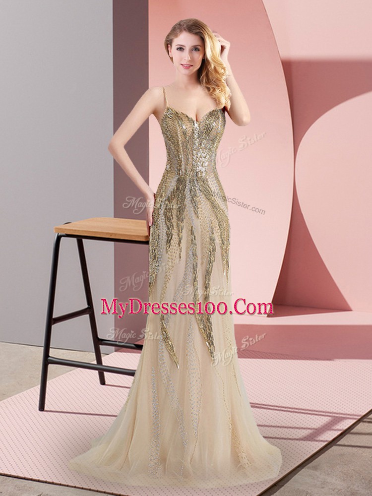 Champagne Sleeveless Beading Side Zipper Evening Dress