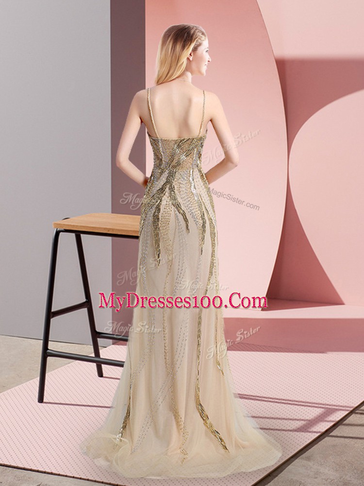 Champagne Sleeveless Beading Side Zipper Evening Dress