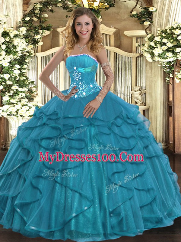 Great Beading and Ruffles Quinceanera Gowns Teal Lace Up Sleeveless Floor Length