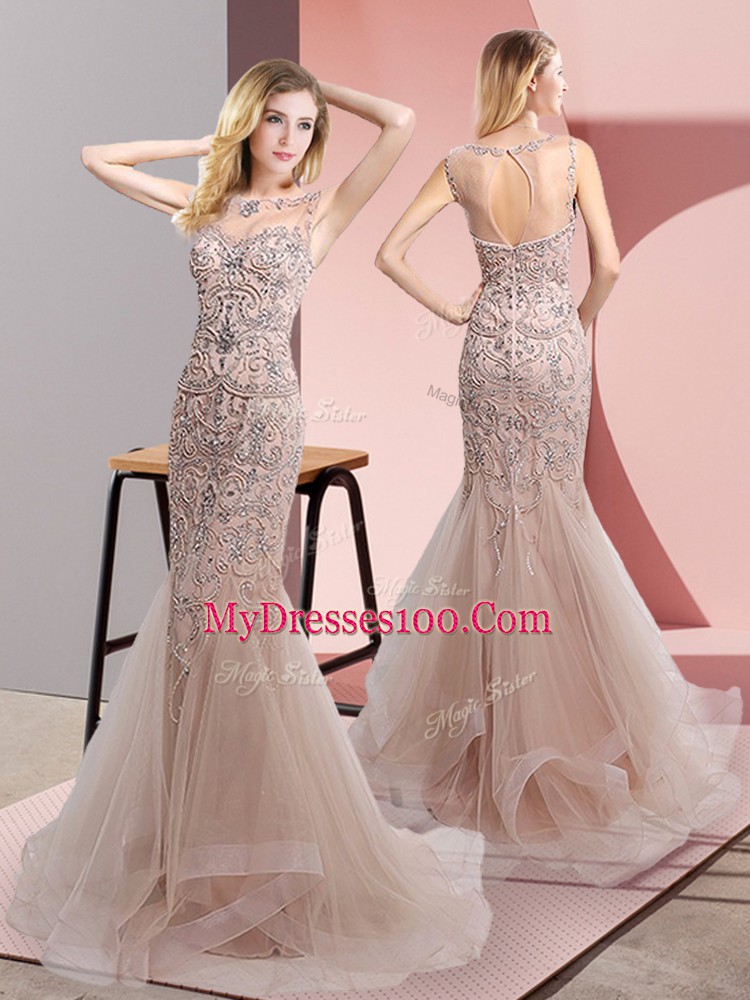 Champagne Scoop Zipper Beading and Ruffles Prom Gown Sweep Train Sleeveless
