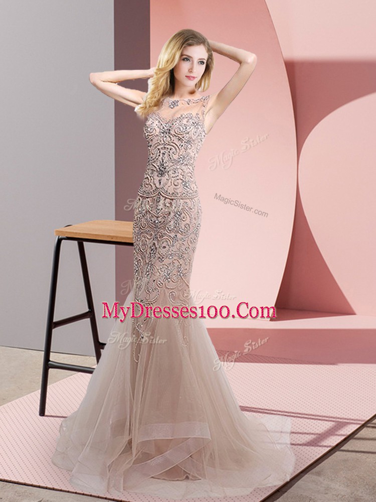Champagne Scoop Zipper Beading and Ruffles Prom Gown Sweep Train Sleeveless