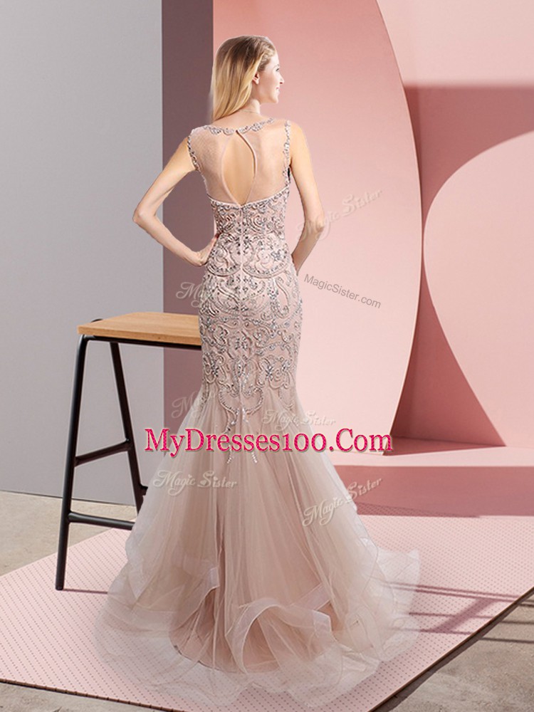 Champagne Scoop Zipper Beading and Ruffles Prom Gown Sweep Train Sleeveless