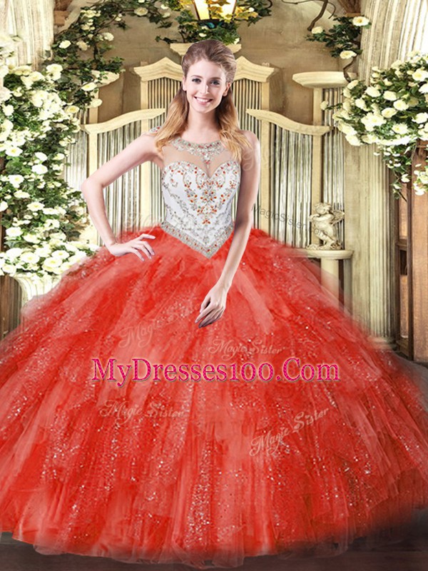 Sleeveless Zipper Floor Length Beading and Ruffles Ball Gown Prom Dress