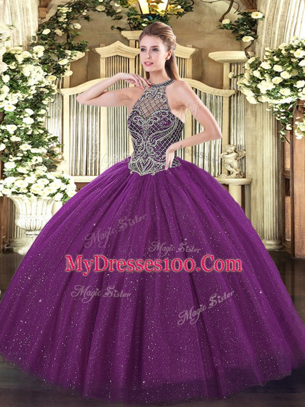 Eggplant Purple Ball Gowns Halter Top Sleeveless Tulle Floor Length Lace Up Beading Sweet 16 Quinceanera Dress