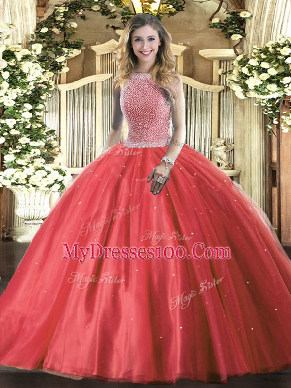 Beading 15 Quinceanera Dress Red Lace Up Sleeveless Floor Length