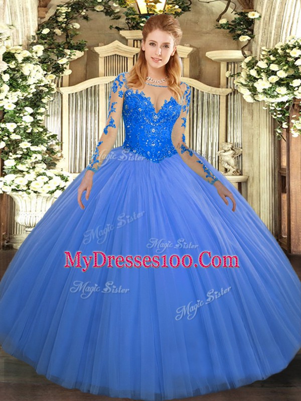 Amazing Floor Length Blue 15 Quinceanera Dress Tulle Long Sleeves Lace
