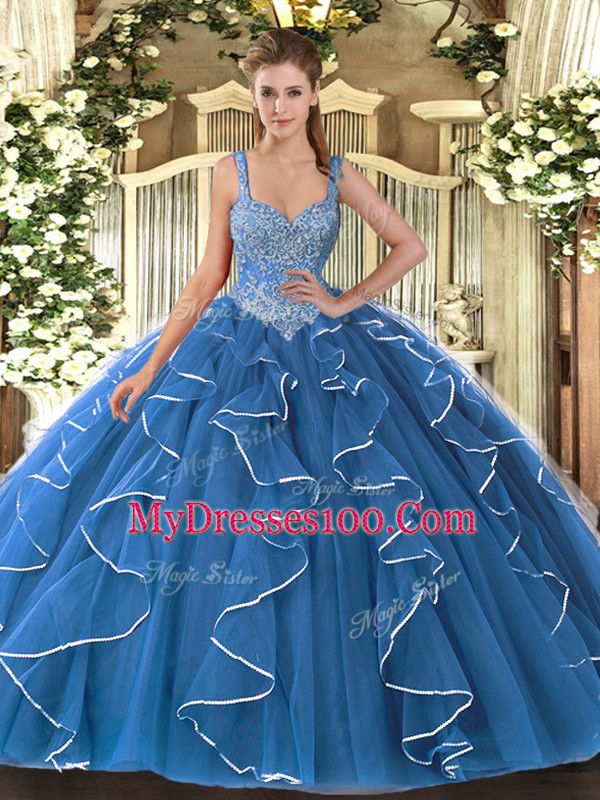 Decent Blue V-neck Lace Up Beading and Ruffles Quinceanera Dresses Sleeveless