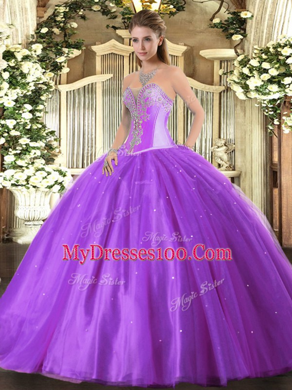 Lavender Sleeveless Beading Floor Length Quinceanera Dresses