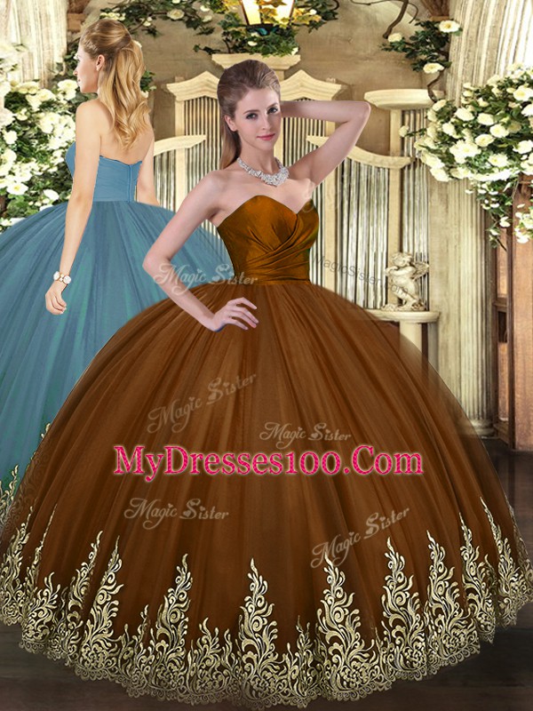 Super Brown Sweetheart Neckline Appliques Sweet 16 Dress Sleeveless Zipper