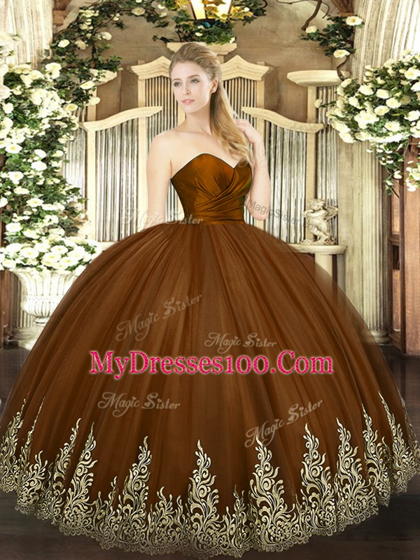 Super Brown Sweetheart Neckline Appliques Sweet 16 Dress Sleeveless Zipper