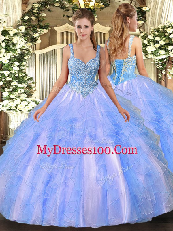 Floor Length Lace Up 15th Birthday Dress Light Blue for Military Ball and Sweet 16 and Quinceanera with Beading and Ruffles