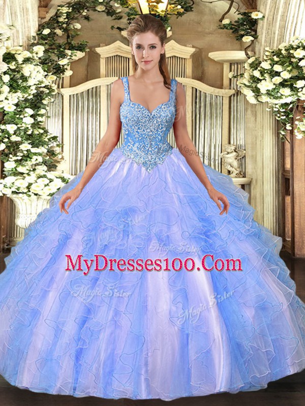 Floor Length Lace Up 15th Birthday Dress Light Blue for Military Ball and Sweet 16 and Quinceanera with Beading and Ruffles