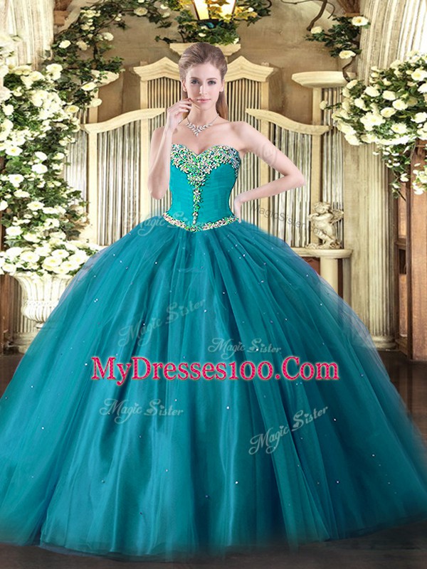 Teal Lace Up Sweetheart Beading Quinceanera Gown Tulle Sleeveless