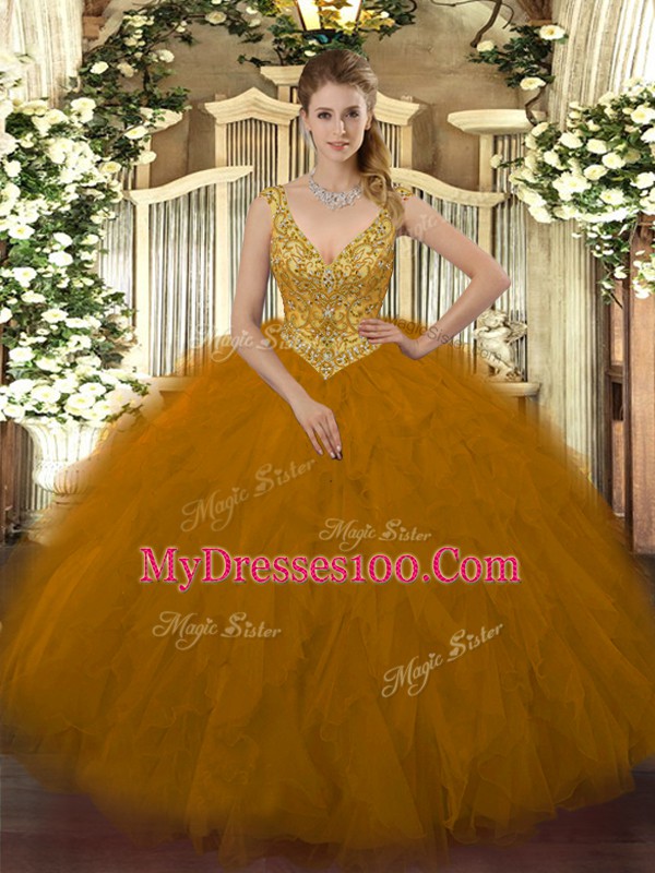 Floor Length Ball Gowns Sleeveless Brown Quinceanera Gown Zipper