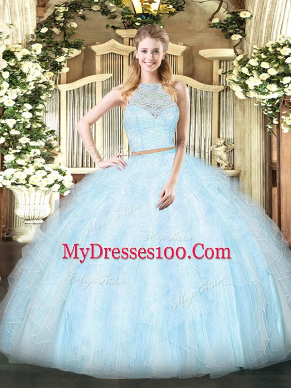 Beautiful Light Blue Scoop Neckline Lace and Ruffles Quinceanera Gown Sleeveless Zipper