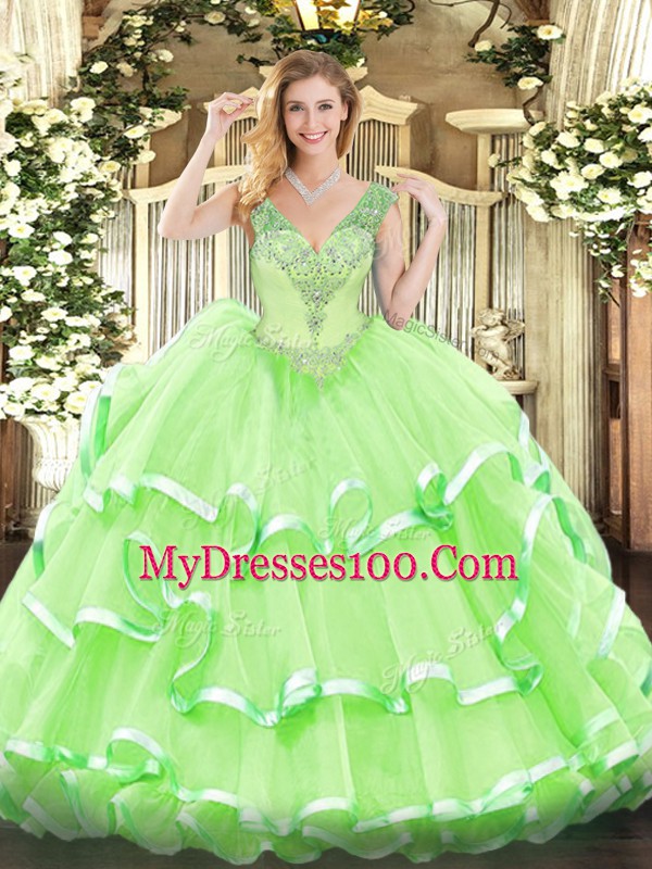 Most Popular Floor Length Quince Ball Gowns Organza Sleeveless Beading and Ruffled Layers