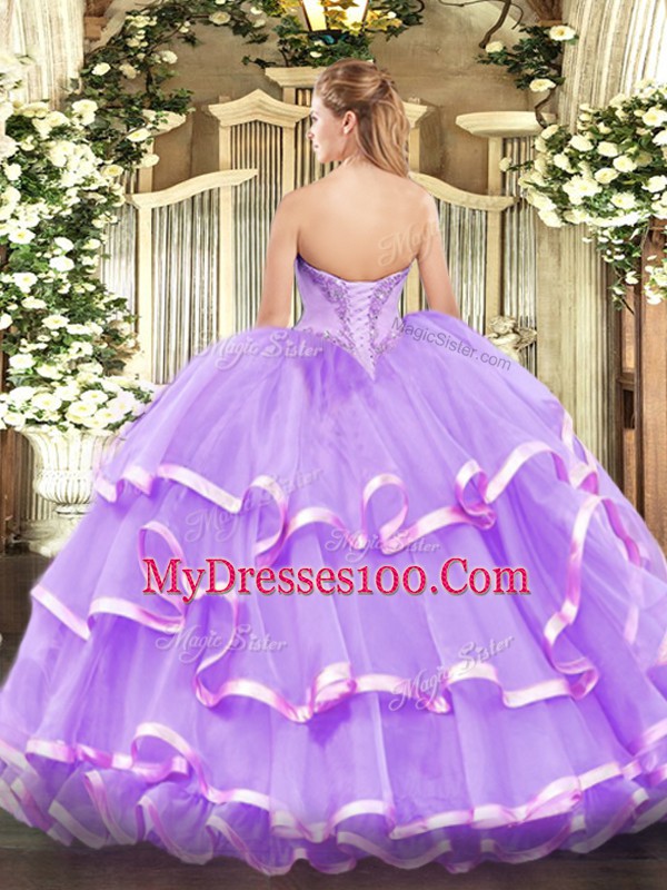 Most Popular Floor Length Quince Ball Gowns Organza Sleeveless Beading and Ruffled Layers