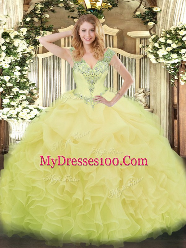Flare Floor Length Ball Gowns Sleeveless Yellow Quince Ball Gowns Lace Up