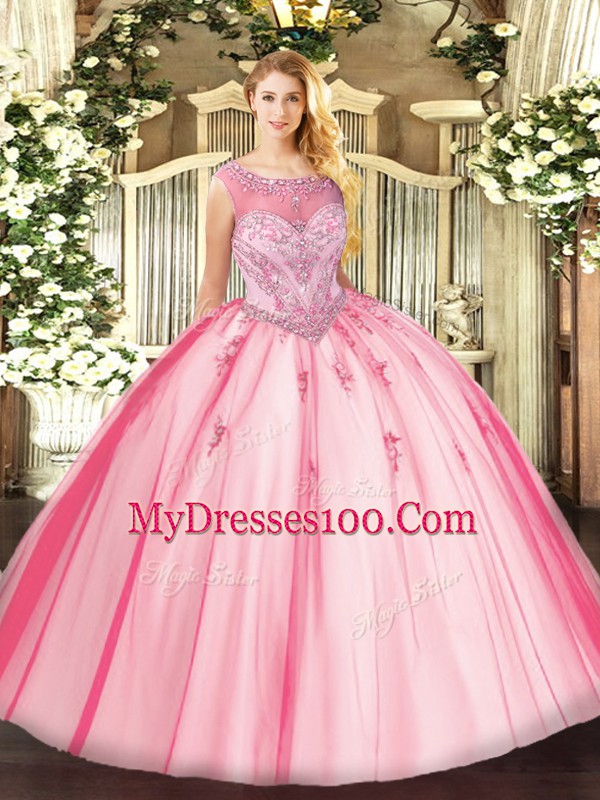 Fantastic Pink Sleeveless Floor Length Beading and Appliques Zipper Ball Gown Prom Dress