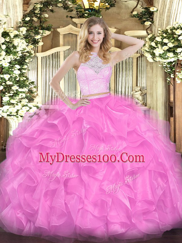 Wonderful Rose Pink Zipper 15 Quinceanera Dress Lace and Ruffles Sleeveless Floor Length