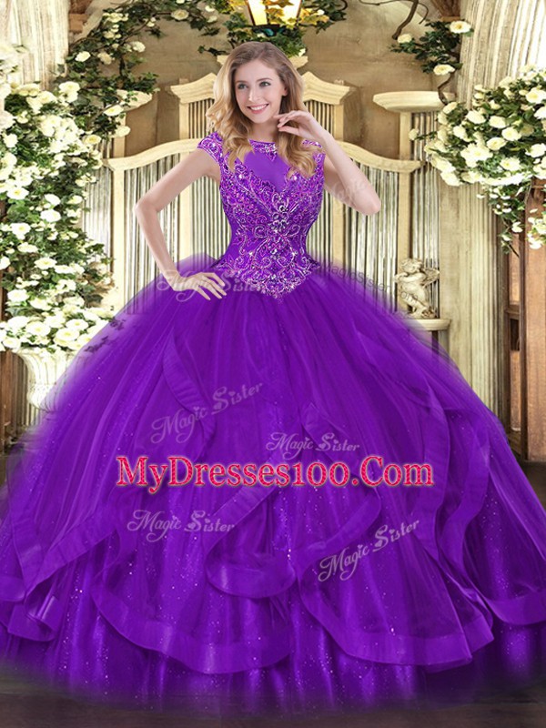 Floor Length Purple Quinceanera Gown Tulle Sleeveless Beading and Ruffles