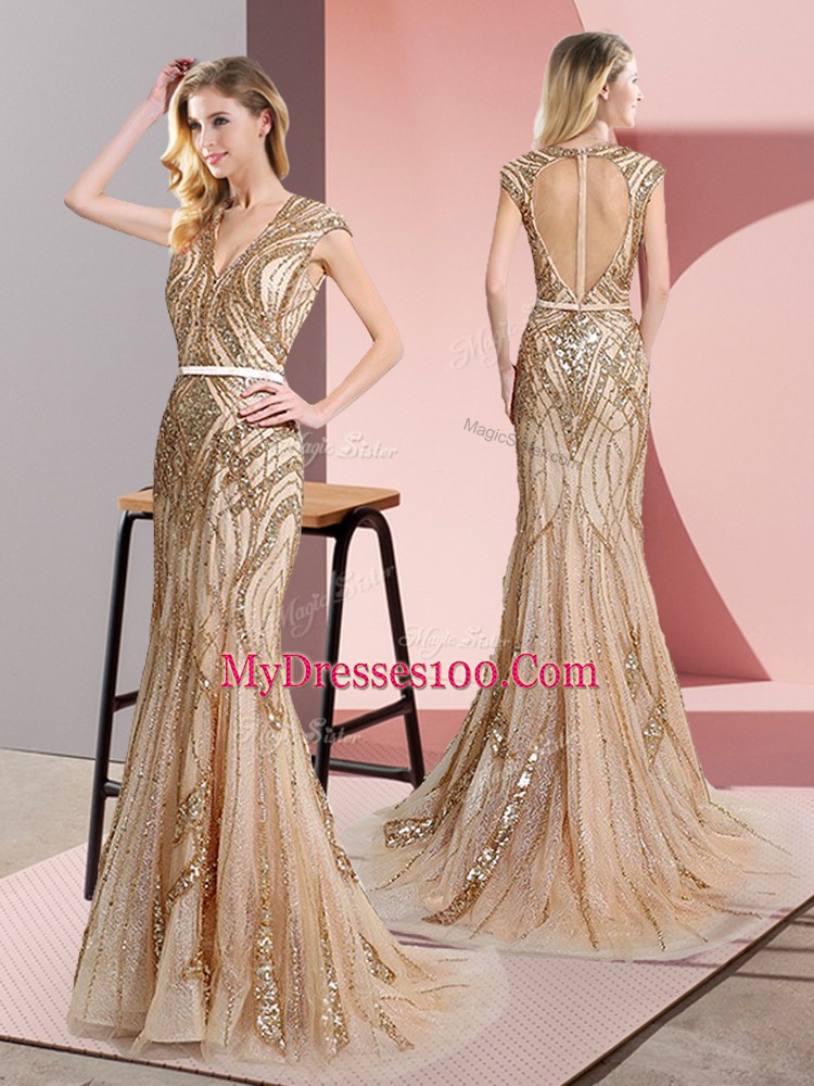 Hot Selling V-neck Sleeveless Tulle Evening Dress Beading and Belt Zipper