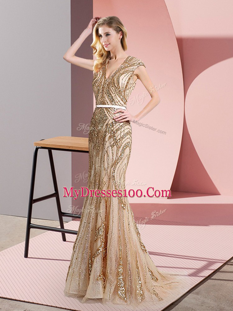 Hot Selling V-neck Sleeveless Tulle Evening Dress Beading and Belt Zipper