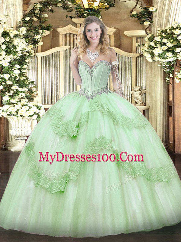 Modest Apple Green Sleeveless Beading and Appliques Floor Length Ball Gown Prom Dress