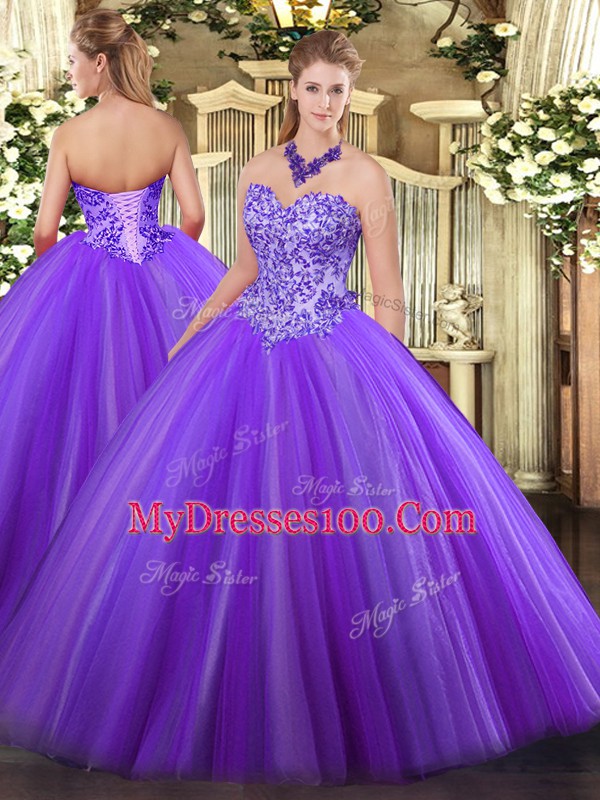 Fashion Appliques Quinceanera Gowns Eggplant Purple Lace Up Sleeveless Floor Length