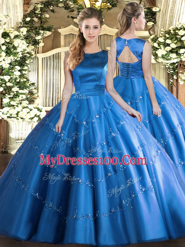 Fine Baby Blue Scoop Lace Up Appliques 15 Quinceanera Dress Sleeveless