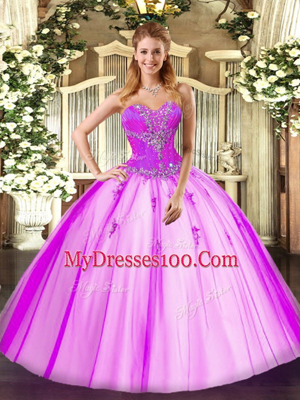 Hot Sale Fuchsia Ball Gowns Sweetheart Sleeveless Tulle Lace Up Beading Quinceanera Gowns